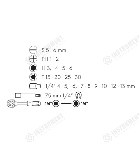 račňa obojstranná, bity a adaptéry 1/4" 23ks sada